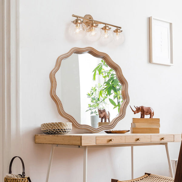 English Elm 23.62 Antique Natural Wood Round Wavy Wall Mirror with Scalloped Frame Modern Farmhouse Decor W2295P290646