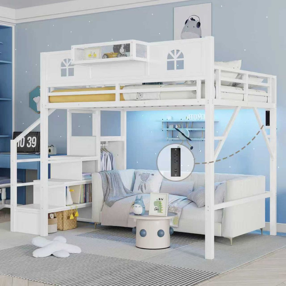 English Elm Full Size Steel Loft Bed with Staircase Storage Wardrobe Desk and Led Lighting White W2593S00056