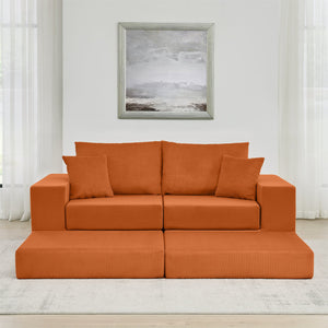 English Elm Modular Cloud Sectional Sofa with Corduroy Upholstery, Deep-Seat Sleeper Loveseat, Removable Ottoman, No-Assembly Comfort and Customizable Configuration Orange W1117P357547