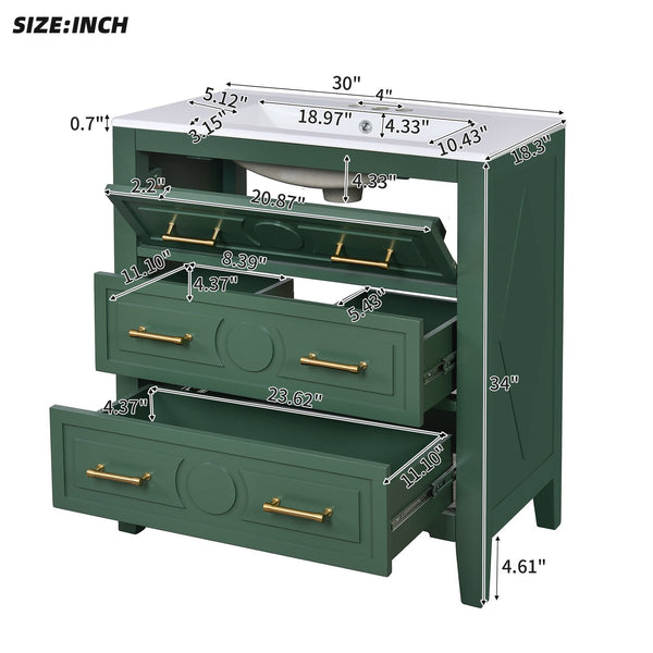 English Elm 30'' Bathroom Vanity with Ceramic Sink, Solid Wood Frame Retro Style Vanity with 3 Drawers & Gold Handles Green N710P246209F