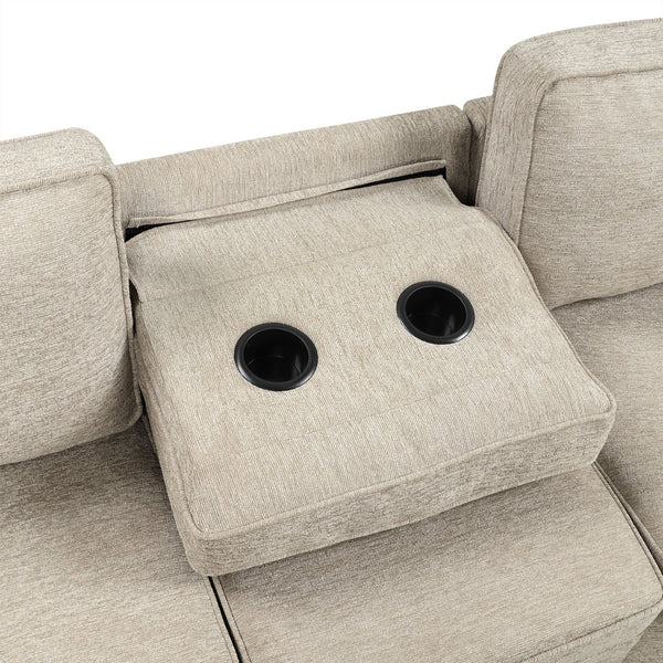 English Elm 126" L-shaped Sectional Sofa with Pull-Out Bed, Built-In USB Charging & Cup Holders, Chenille Upholstery Beige N719S001530A