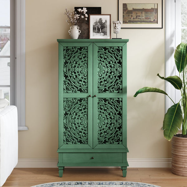 English Elm Rustic Retro Green 55" Tall Storage Cabinet with Carved Doors, Drawer & Solid Wood Legs for Home Decor Antique Green W1445P376553