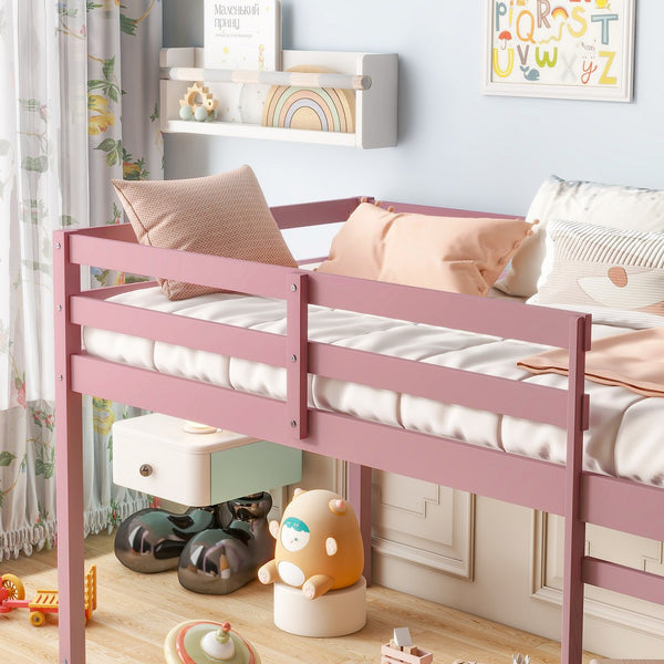 English Elm Solid Twin Loft Bed with Ladder and Reinforced Slats for Storage-Friendly, Space-Saving Bedrooms Pink W504P190960