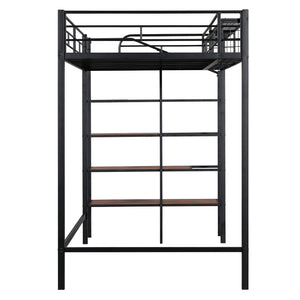 English Elm Twin Metal Loft Bed with Upper Grid Storage Shelf and 4-Layer Ladder Shelves for Space Saving Black SF100081AAB