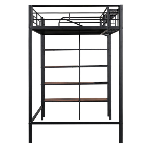 English Elm Twin Metal Loft Bed with Upper Grid Storage Shelf and 4-Layer Ladder Shelves for Space Saving Black SF100081AAB