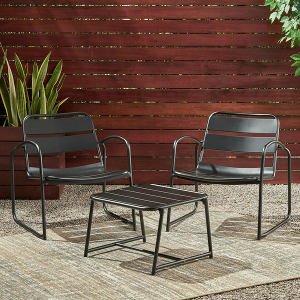 English Elm Christopher Knight Home® - CONRAD Modern Outdoor Chat Set with Powder-Coated Iron Frame, Open Slat Seats for Breezy Comfort Matte Black N775P250736B