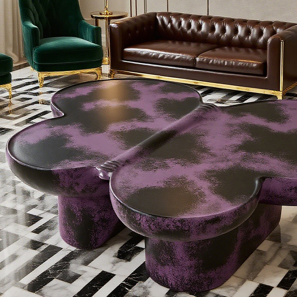 English Elm Modern Butterfly Coffee Table Faux Travertine Fiberglass Accent Table Matte Textured Sculptural Design Purple+Black W2085S00072