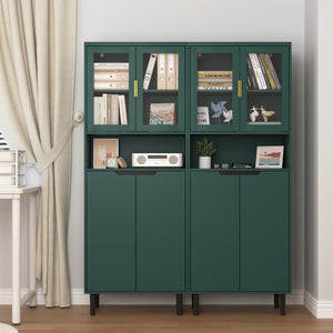 English Elm Tempered Glass Door Tall Storage Bookcase with 4 Doors, Adjustable Shelves, Elegant Space-Saving Cabinet Green W409P171439