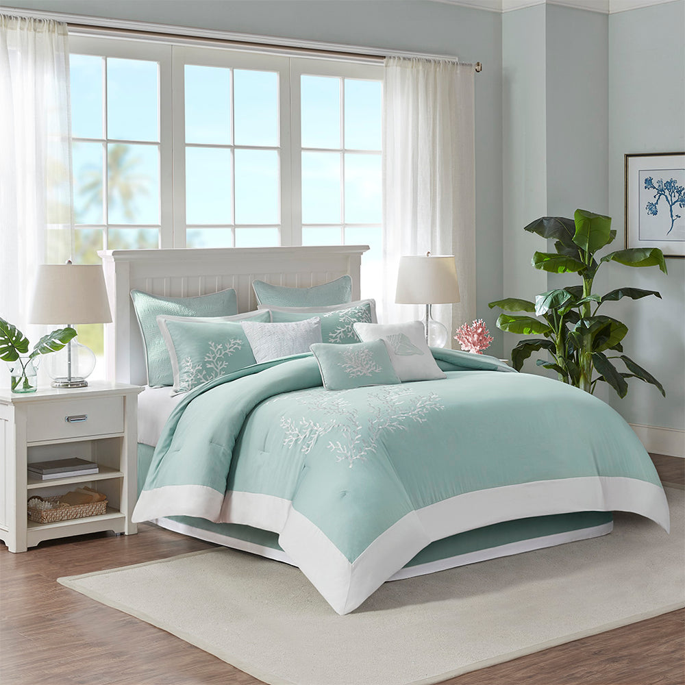 JLA Home Harbor House Blue - Oversized Harbor House Coastline Cotton Jacquard Comforter Set in Aqua with White Coral Embroidery, Plush HH10-398
