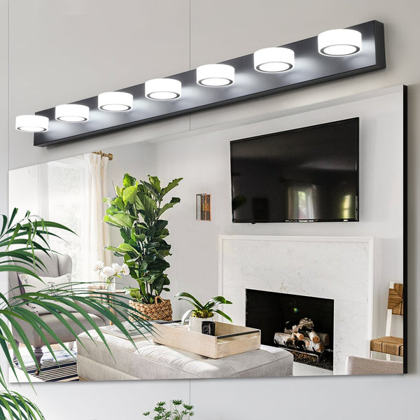 English Elm 52" Modern 7-Light Led Vanity Light Fixture - Sleek Black Iron Design With Dimmable Acrylic Shades W2312P374888