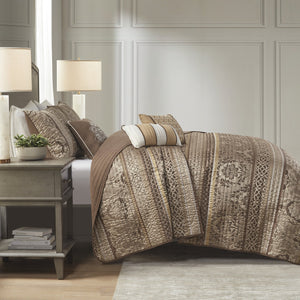 English Elm 6 Piece Bellagio Jacquard Quilt Set Reversible Full/Queen with Embroidered Leaf Motifs & Pillows Brown+Gold 23.03 L x 17.72 W x 7.87 H B03597482