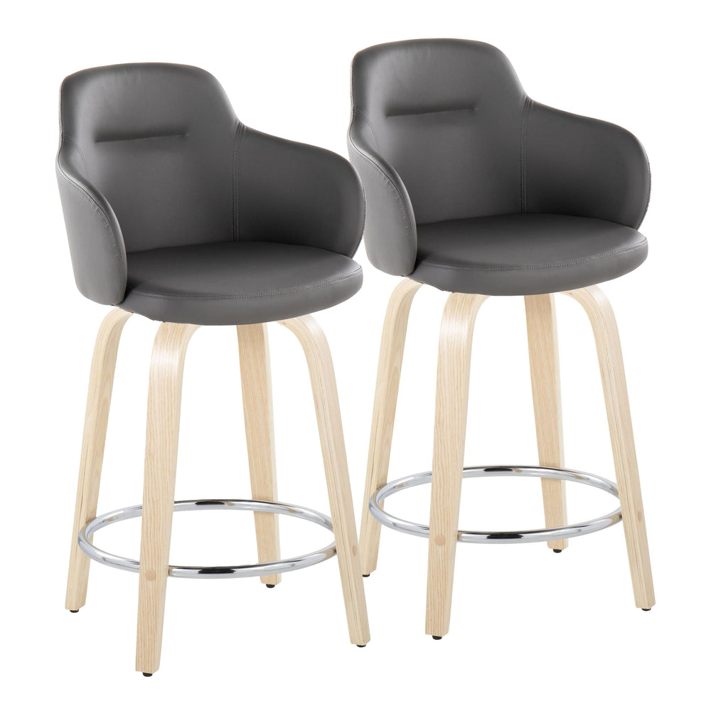English Elm Boyne 24" Contemporary Fixed-Height Counter Stool with Swivel, Faux Leather Bucket Seat, Set of 2, Chrome Footrest Grey B202S00008