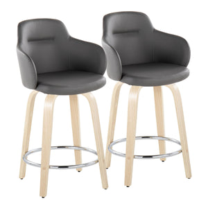 English Elm Boyne 24" Contemporary Fixed-Height Counter Stool with Swivel, Faux Leather Bucket Seat, Set of 2, Chrome Footrest Grey B202S00008
