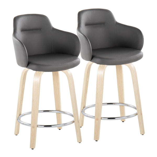 English Elm Boyne 24" Contemporary Fixed-Height Counter Stool with Swivel, Faux Leather Bucket Seat, Set of 2, Chrome Footrest Grey B202S00008