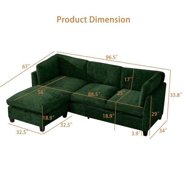 English Elm 96.5" L-shaped Chenille Sectional with Storage Ottoman Eucalyptus Frame Living Room Green W1097S00283