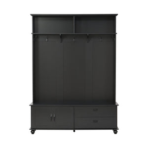 English Elm [New Modern Hall Tree with Storage Cabinet & 2 Drawers, Wide Mudroom Bench, 5 Hooks, Black, 80.3"H WF306450AAB