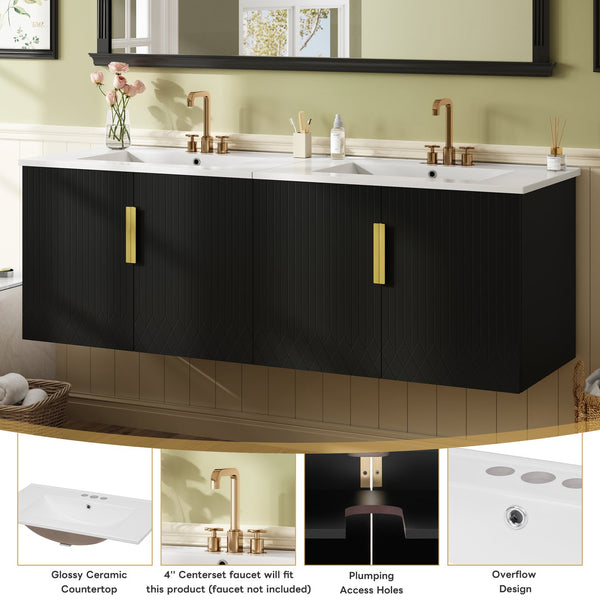 English Elm 60" Vintage Bathroom Vanity with Ceramic Sink Wall-Mount Modern Striped Design Durable MDF Wood Finish Black N710SS00010B