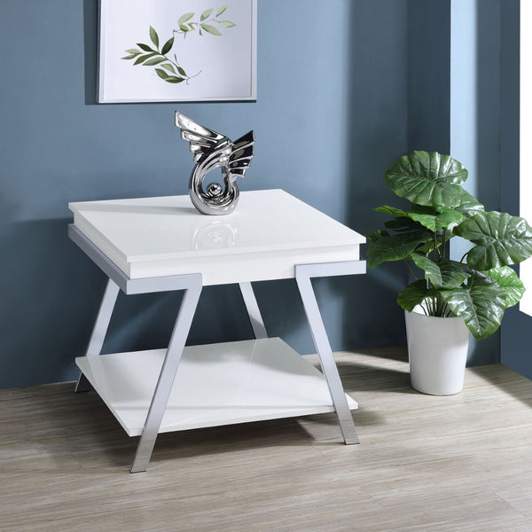 English Elm Briana Lacquered Mdf End Table with Chrome Legs and Open Shelf for Modern Living B062P447811