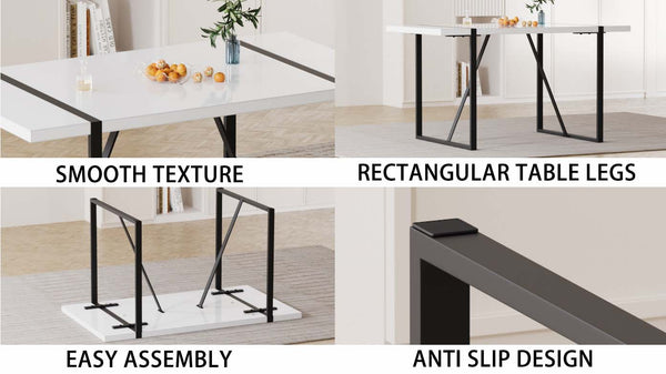 English Elm 55 Modern 4-Person MDF Dining Table Set with Sturdy Black Metal Legs and Padded PU Chairs for Families Blue,White W2189S00730