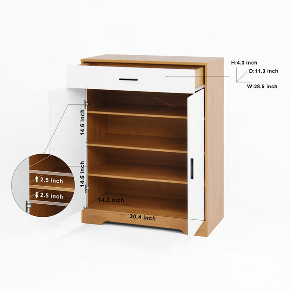 English Elm Shoe Cabinet 4-Tier Shoe Rack with Drawer and Adjustable Shelves — Slim Freestanding Storage for Entryway Natural W409P195061