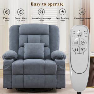English Elm Kneading Massage Rocker Recliner with 4‑Point 3D Kneading, Heat, USB Port, Cup Holders & Swivel Comfort Blue W1521P390947
