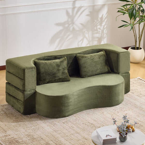 English Elm 71-inch plush folding sofa bed with high-density foam, faux fur futon convertible for guests and yoga Green W1829P362308