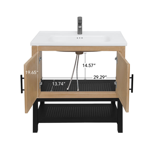 English Elm 32" Modern Bathroom Vanity with White Ceramic Seamless Sink, Textured Aluminum Faucet, Durable Hinges and Open Iron Shelf for Stylish Storage Natural W688P224389
