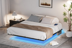English Elm Floating Bed Frame King Size With Led Lights & Charging Station - Modern Metal Platform Design! W1162P187901