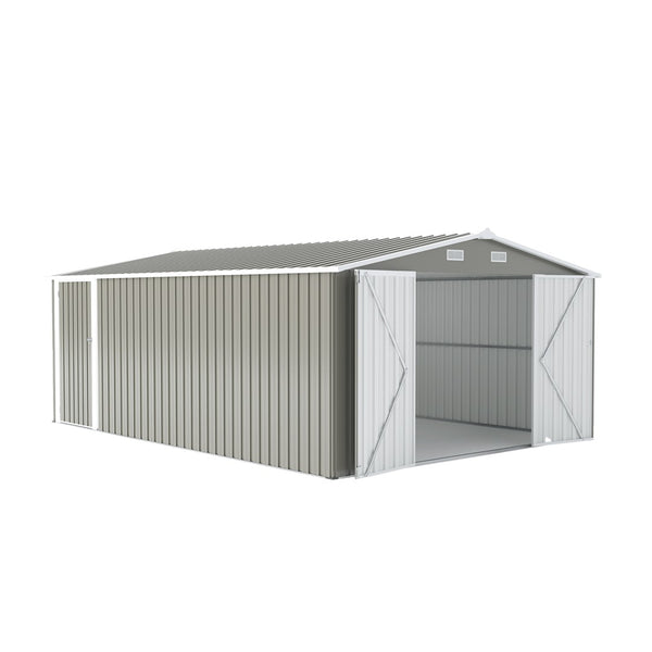 English Elm Campcraft Metal Storage Shed 10x14 Ft with Lockable Doors Vented Sloped Roof Backyard Light Gray W1598S00050
