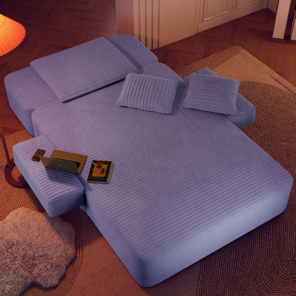 English Elm Luxurious Corduroy Frameless Chaise Sofa Bed with Spring Cushion and Storage Pocket Purple W3219P496264