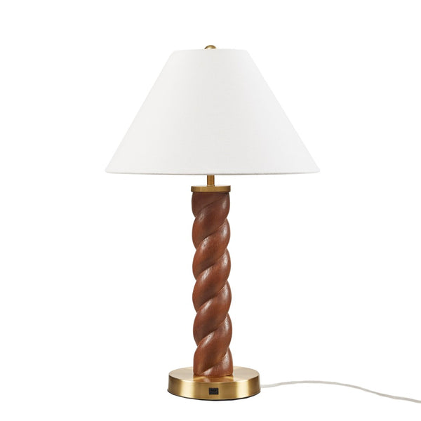 English Elm 1- Piece Faux Wood Resin Table Lamp Fluted Shade Usb-c Port for Bedroom Desk B035P482923