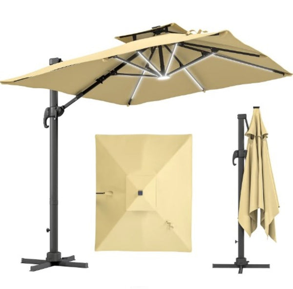 English Elm Outdoor Solar Led Cantilever Patio Umbrella with Rotating Canopy Tilt Crank Base T3971P426002