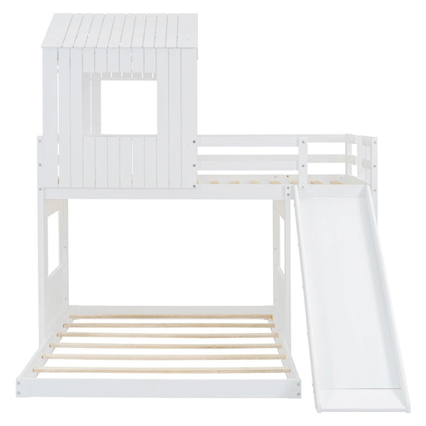 English Elm Wooden Twin Over Full Bunk Bed Farmhouse Playhouse Slide Pinewood Kids Loft White LT000328AAK
