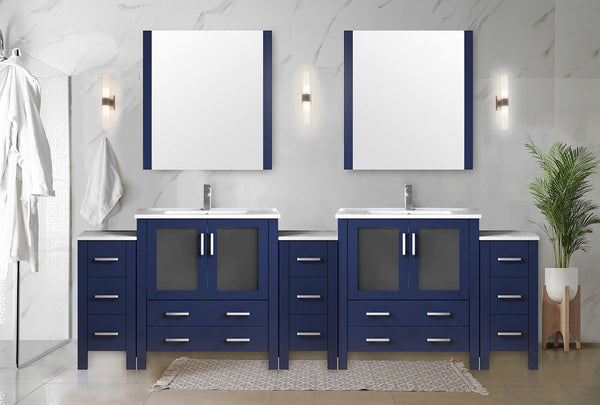 English Elm Navy Double Bath Vanity 108" W with Side Cabinets, White Ceramic Top, Mirrors & Chrome Faucet — Durable, Scratch-Resistant B2731S01222