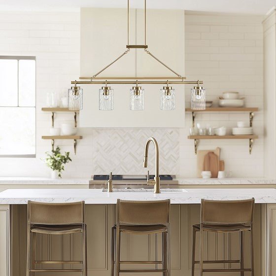 English Elm 5-light Modern Linear Chandelier with Textured Glass Shades, 45"W Iron Frame, Adjustable 54" Rod, Warm Ambient Lighting B035P280529