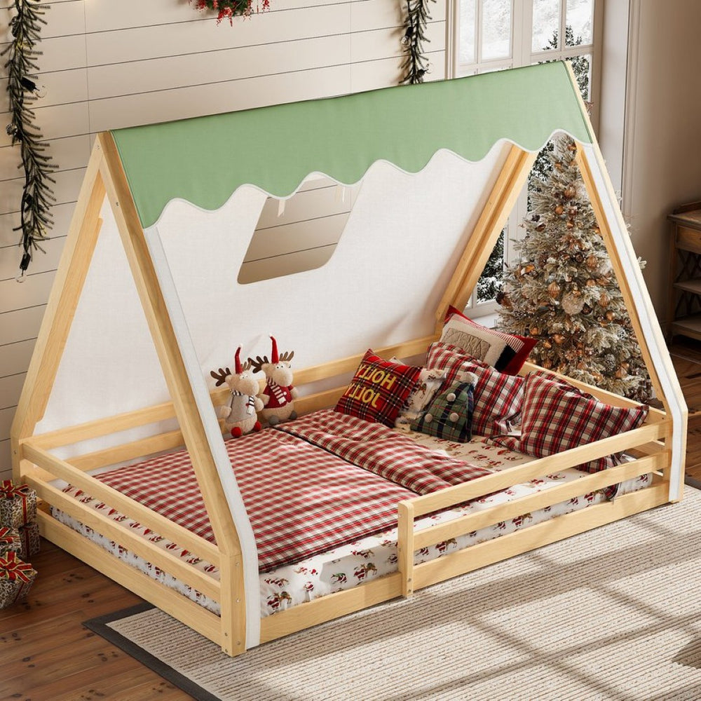 English Elm Twin Montessori Floor Bed Solid Pine Teepee Frame with Guardrails and Canopy Light Natural W1580P369468