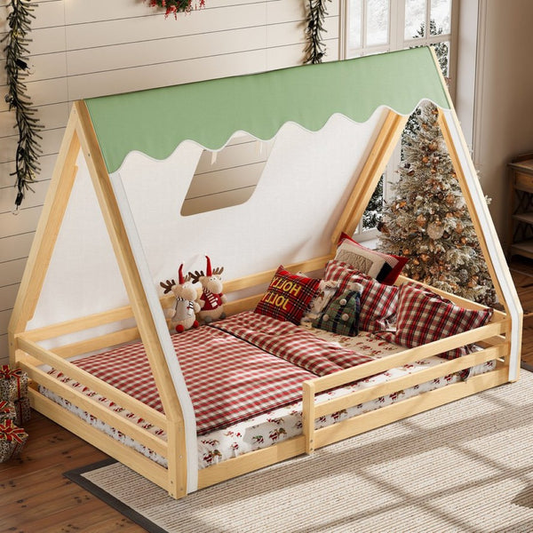 English Elm Twin Montessori Floor Bed Solid Pine Teepee Frame with Guardrails and Canopy Light Natural W1580P369468
