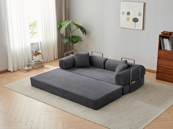 English Elm 78.8" Corduroy Modular Floor Sofa Convertible Sleeper Futon with Pillow Back Support Gray W5617P456004