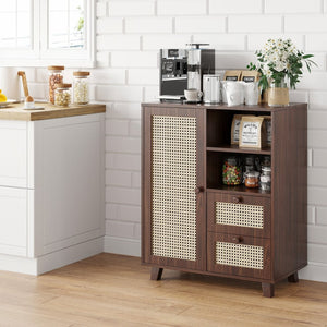 English Elm Rattan Cane Front Sideboard with Drawers Adjustable Shelf Bohemian Storage Cabinet Walnut T3623P434733