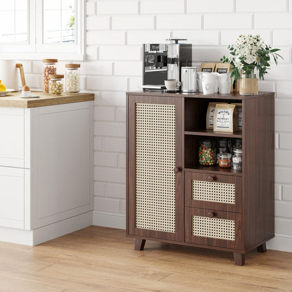 English Elm Rattan Cane Front Sideboard with Drawers Adjustable Shelf Bohemian Storage Cabinet Walnut T3623P434733