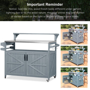 English Elm K&K 53.3" Outdoor Kitchen Island with 1.2" Stainless Top, Spacious Storage, Raised Shelf, Wheels Grey+Blue N707P250628G