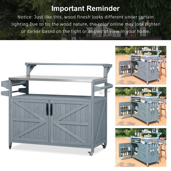 English Elm K&K 53.3" Outdoor Kitchen Island with 1.2" Stainless Top, Spacious Storage, Raised Shelf, Wheels Grey+Blue N707P250628G