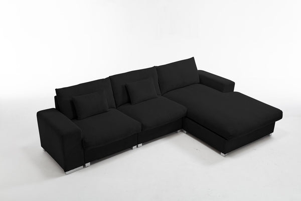 English Elm Nordic-style L-shaped flannel sofa with solid wood frame, ergonomic comfort and durable stain-resistant fabric for modern minimalist living room gatherings Black W2795S00029