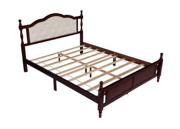 English Elm Queen Pine Wood Bed Upholstered Headboard Panel Footboard Classic Cherry Finish W504P181801