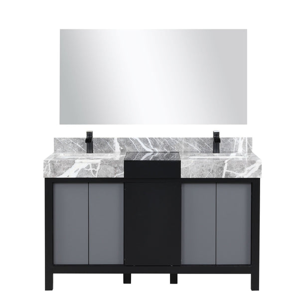 English Elm Black Double Bath Vanity Set With Castle Grey Marble Top, Matte Black Faucet & Large Mirror Included B2731S01027