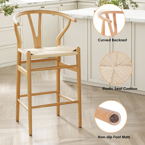 English Elm Wishbone Rattan Barstool with Woven Papercord Seat, Solid Ash Wood, Eco-Friendly Finish, Fully Assembled Natural T3623P379819