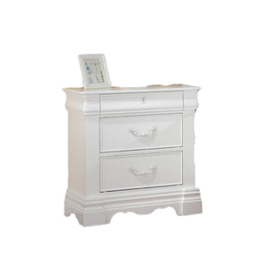 English Elm White 3-Drawer Nightstand with Hidden Top Drawer, Dovetail Craft, Metal Glides, Pine White Finish B062P209007