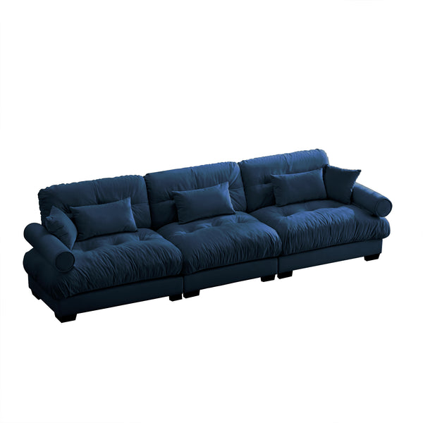 English Elm Extra oversized 3-seat velvet sofa with cloud-like cushions, deep seating, bolster arms and pillows for luxe comfort and support Blue W714S01116