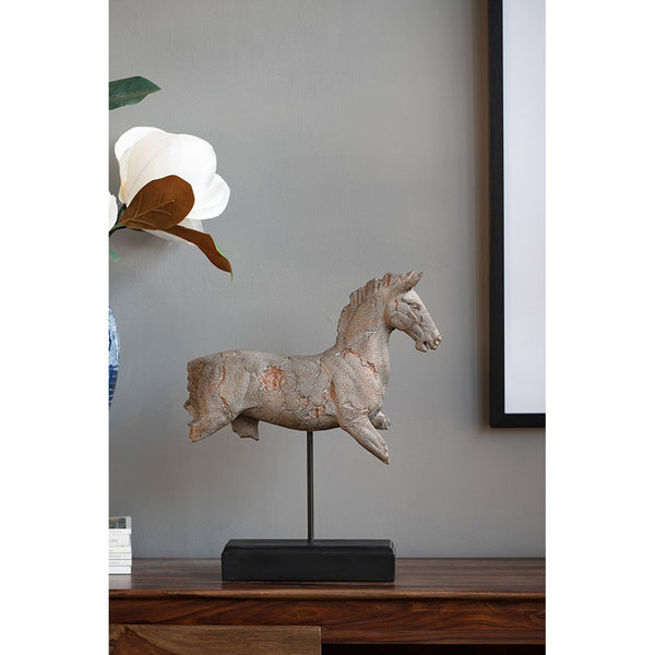 English Elm 14x4.5x17" Antique-style Horse Statue on Iron Base — Stone Resin Tabletop Sculpture for Classic Transitional Decor W2078P314946