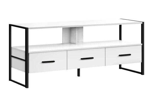English Elm Tv 48 Inch Console Media Center with Three Glide Drawers, Black Metal Frame, Open Shelves for Cable Management White 51 L x 19 W x 7 H B2710P219091